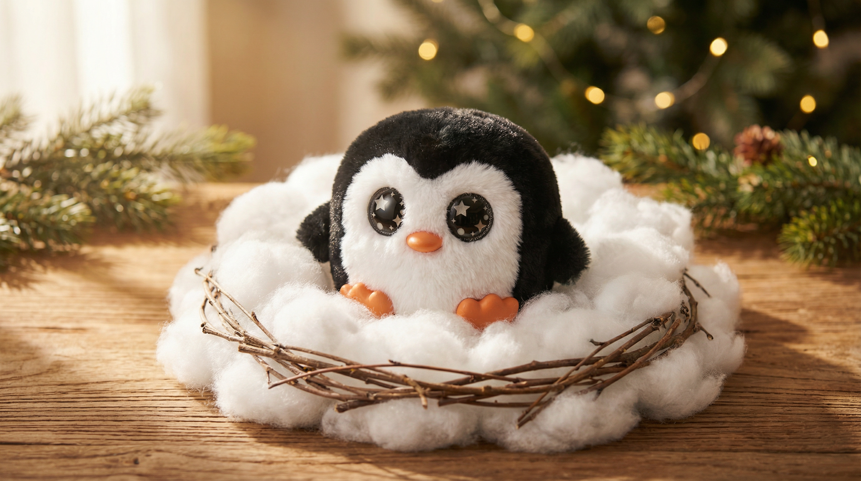 Q Penguin in cozy nest